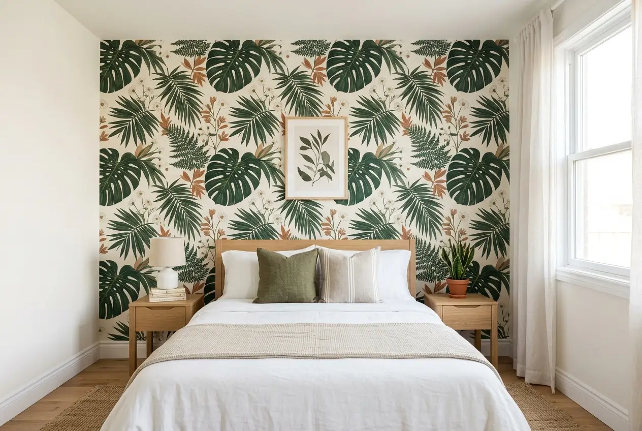 Bedroom accent wall covered in bold botanical peel-and-stick wallpaper