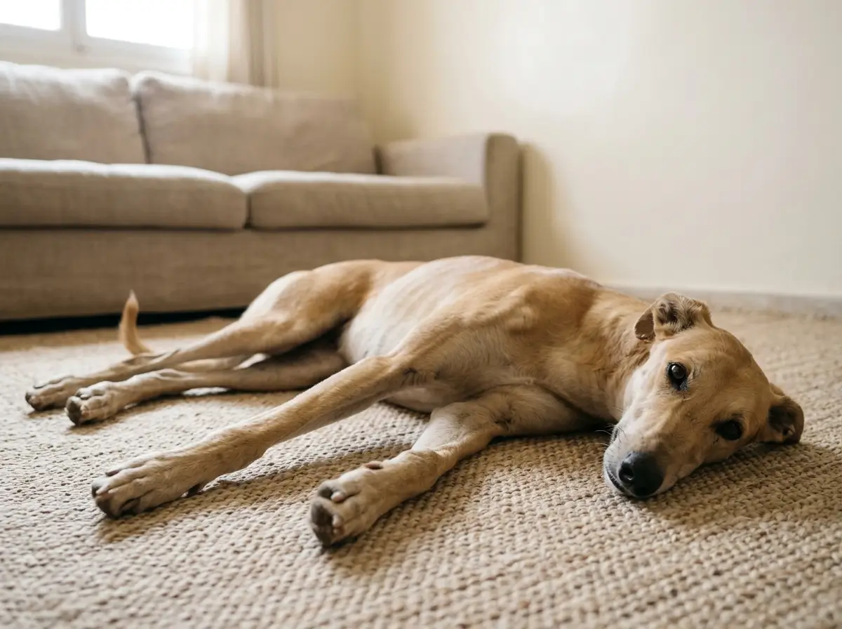 Fawn Greyhound lying stretched out on a rug in a simple sunlit living room