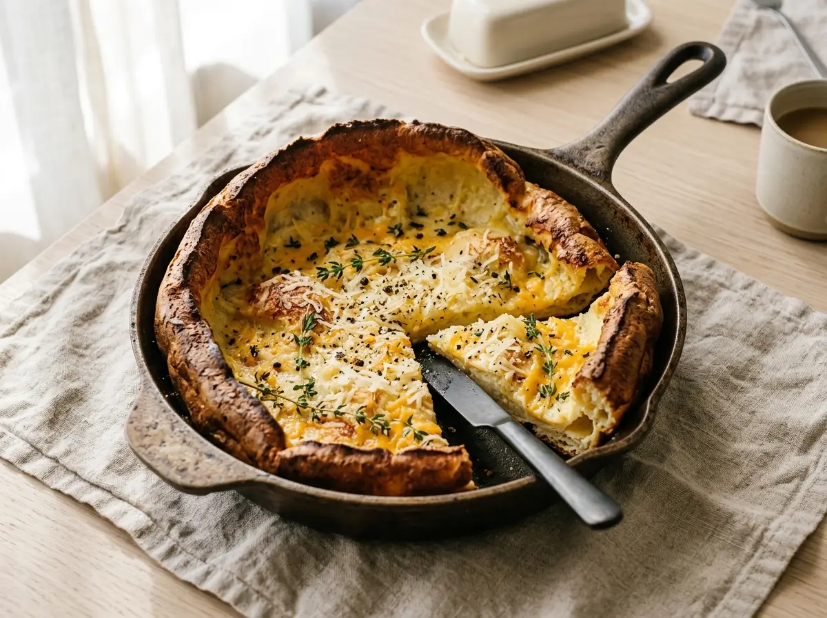 Puffed golden Dutch baby pancake in a cast iron skillet with herbs and cheese