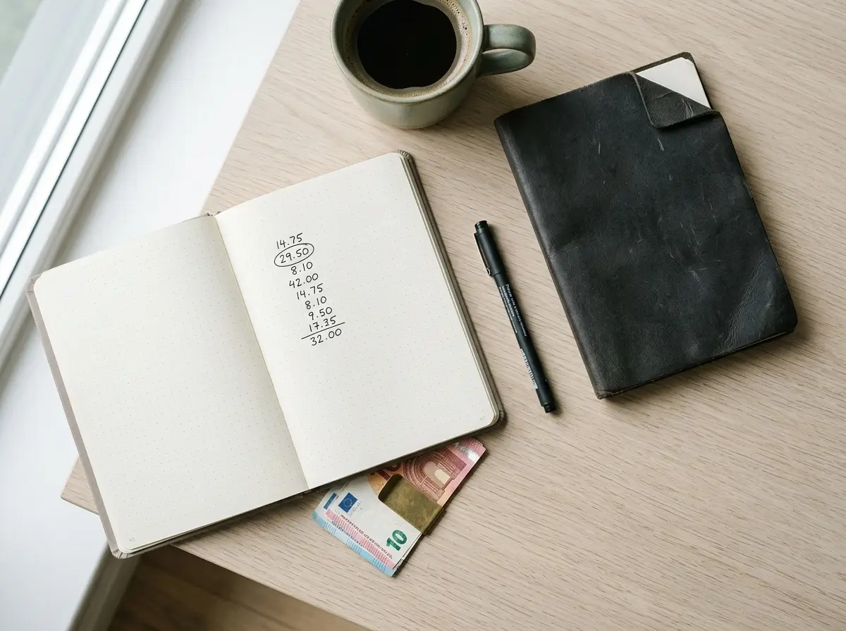 Open notebook with a handwritten budget beside a sketchbook and a cup of coffee