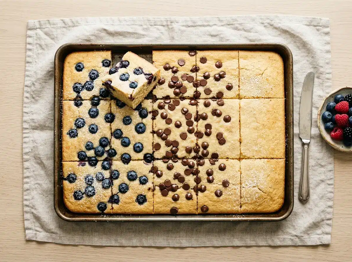 Sheet pan of baked pancake cut into squares with blueberries and chocolate chips