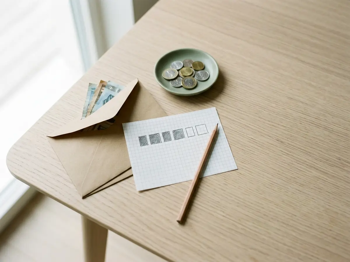 Labelled savings envelope with folded cash beside a small monthly savings tracker