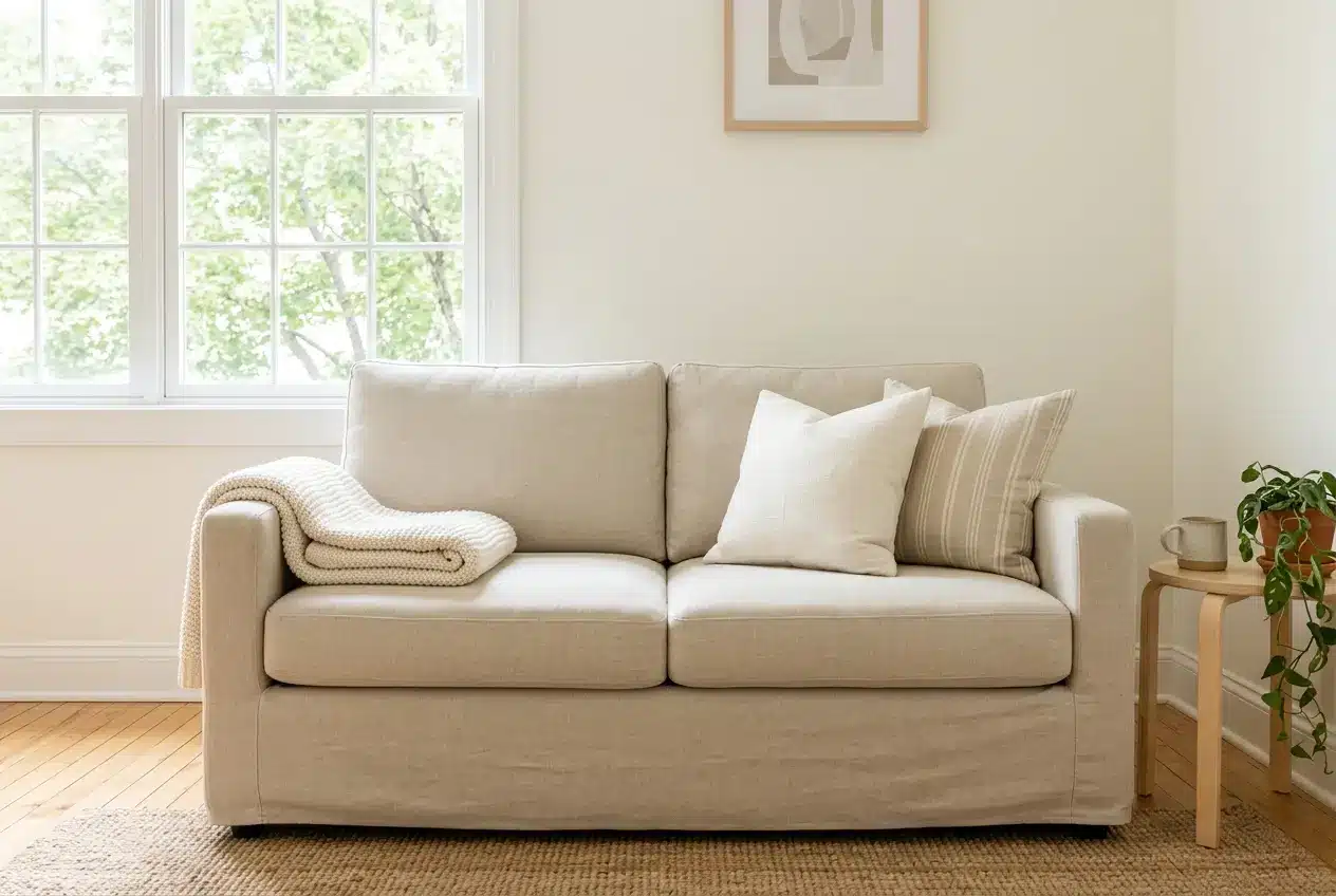 Secondhand sofa fitted with a tailored neutral slipcover and pillows