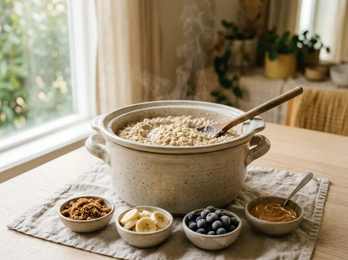 Slow cooker filled with creamy steel-cut oats surrounded by bowls of toppings