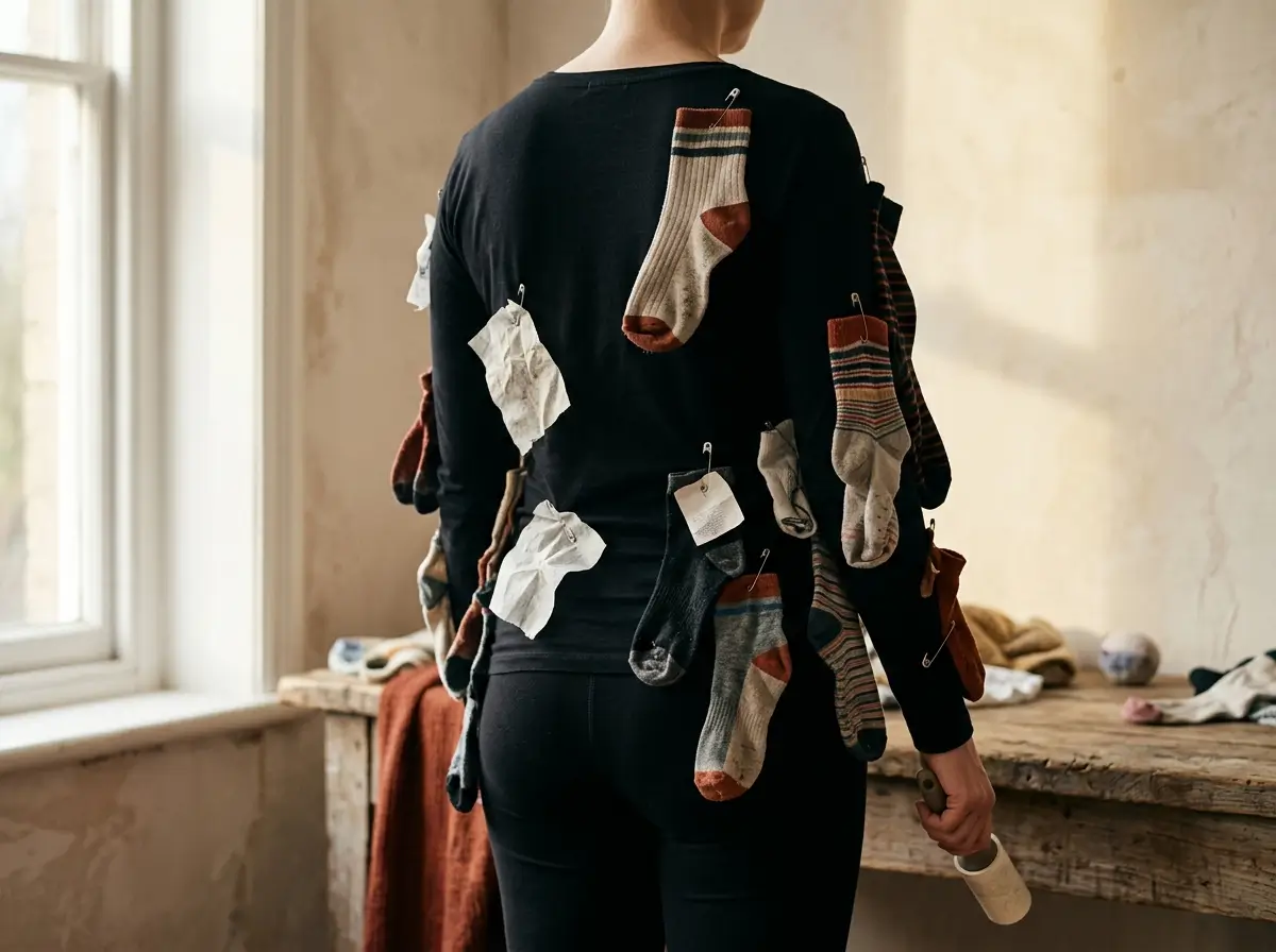 Back view of a black outfit covered in mismatched socks and dryer sheets pinned on