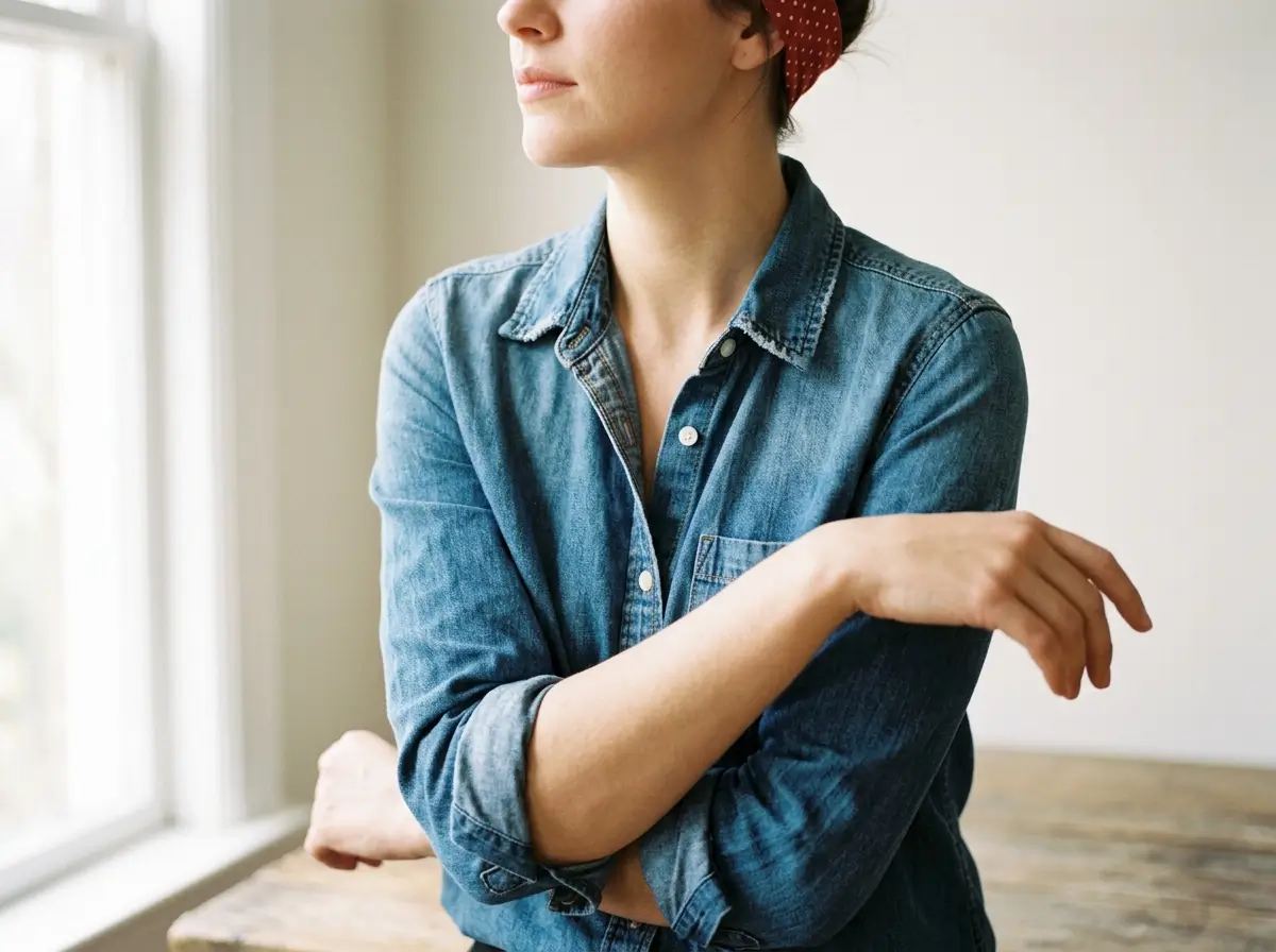 Woman in rolled denim shirt and red polka dot headscarf, cropped below the eyes