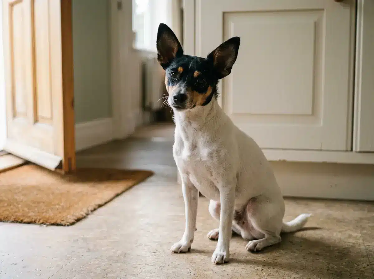 Tiny white and black Toy Fox Terrier sitting on a kitchen floor near a doorway
