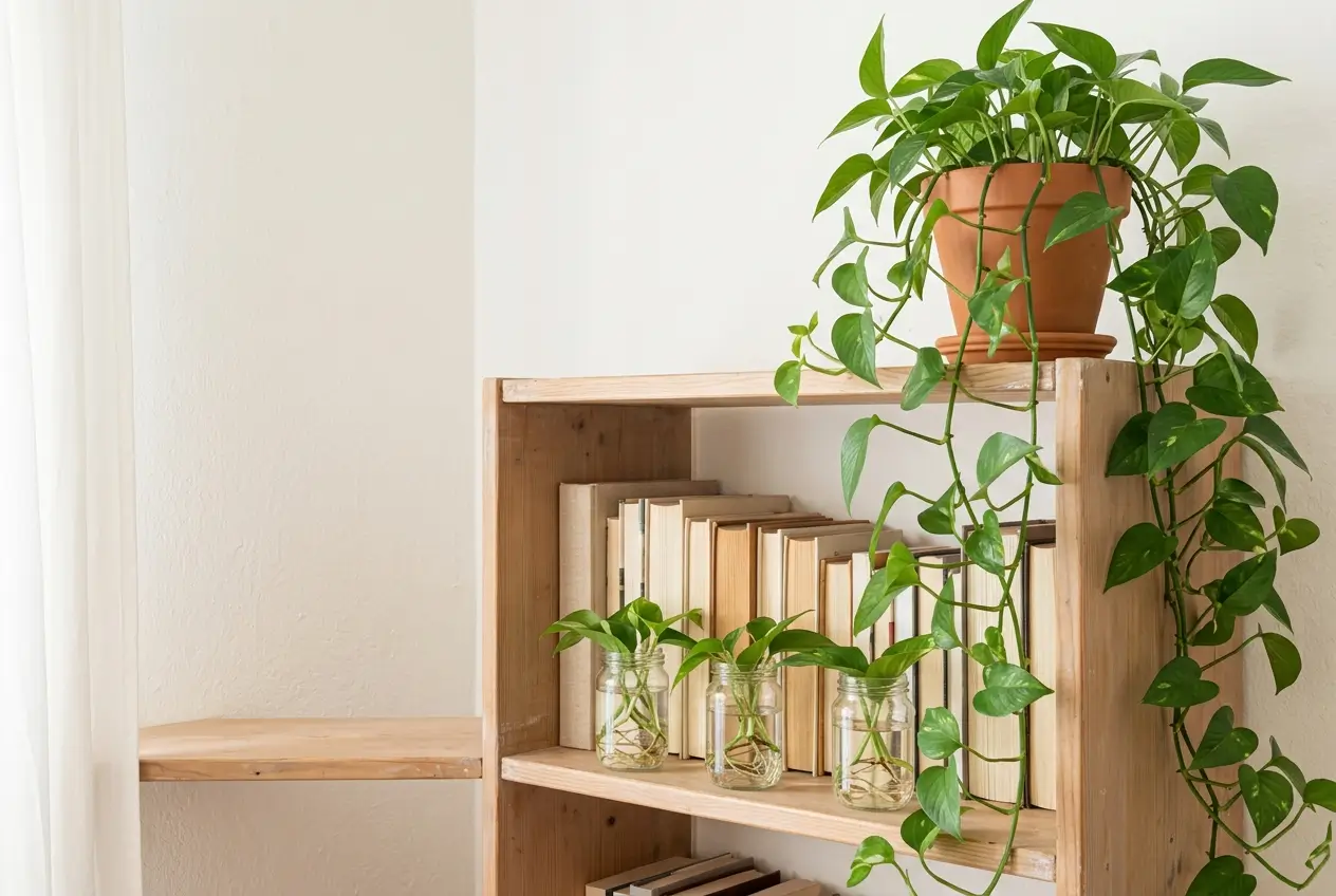 Trailing pothos plant spilling over a wooden bookshelf edge
