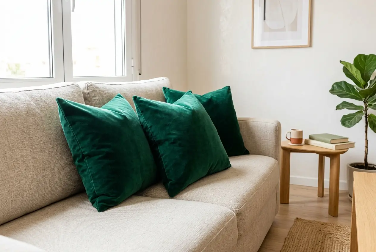 Three emerald velvet throw pillows arranged on a neutral sofa
