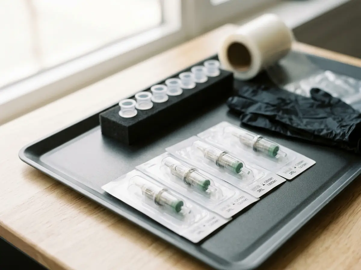 Sealed single-use needle cartridges and ink caps laid out on a clean charcoal workstation