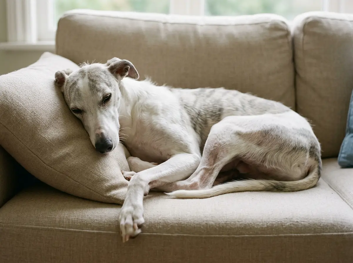 Slim white and grey Whippet curled on a plain sofa in soft afternoon light